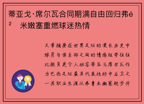 蒂亚戈·席尔瓦合同期满自由回归弗鲁米嫩塞重燃球迷热情