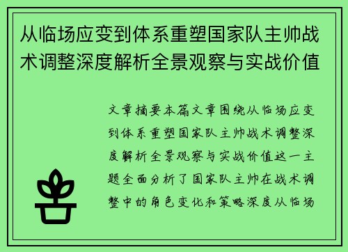 从临场应变到体系重塑国家队主帅战术调整深度解析全景观察与实战价值